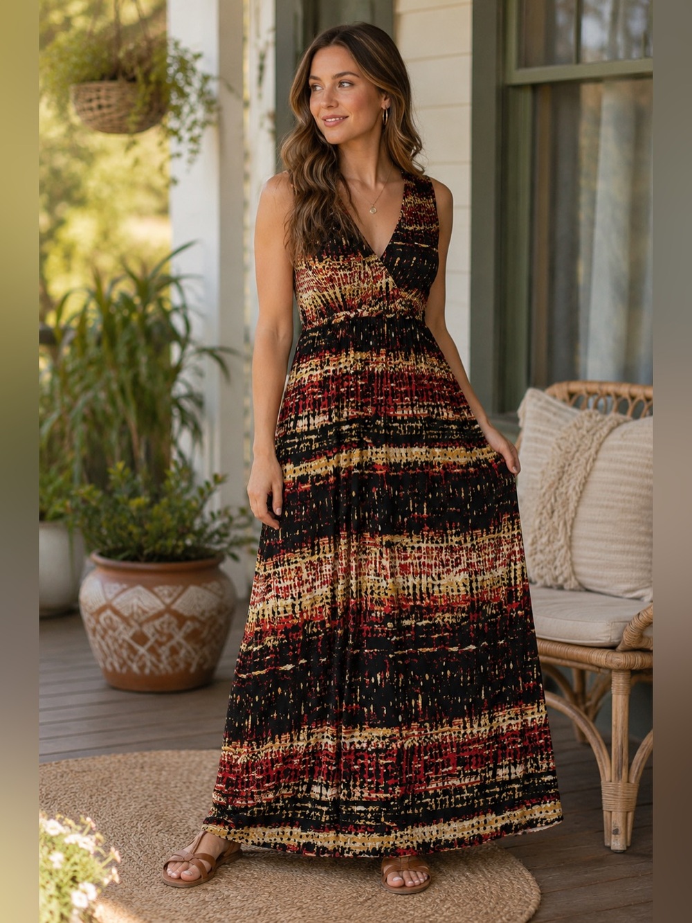 Chelsea & Theodore Sleeveless V-Neck Maxi Dress in Black, Rust & Gold